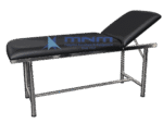 Examination couch with stainless steel round tube frame and black upholstery, backrest raised