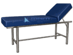 Examination couch with stainless steel round tube frame and blue upholstery, backrest raised