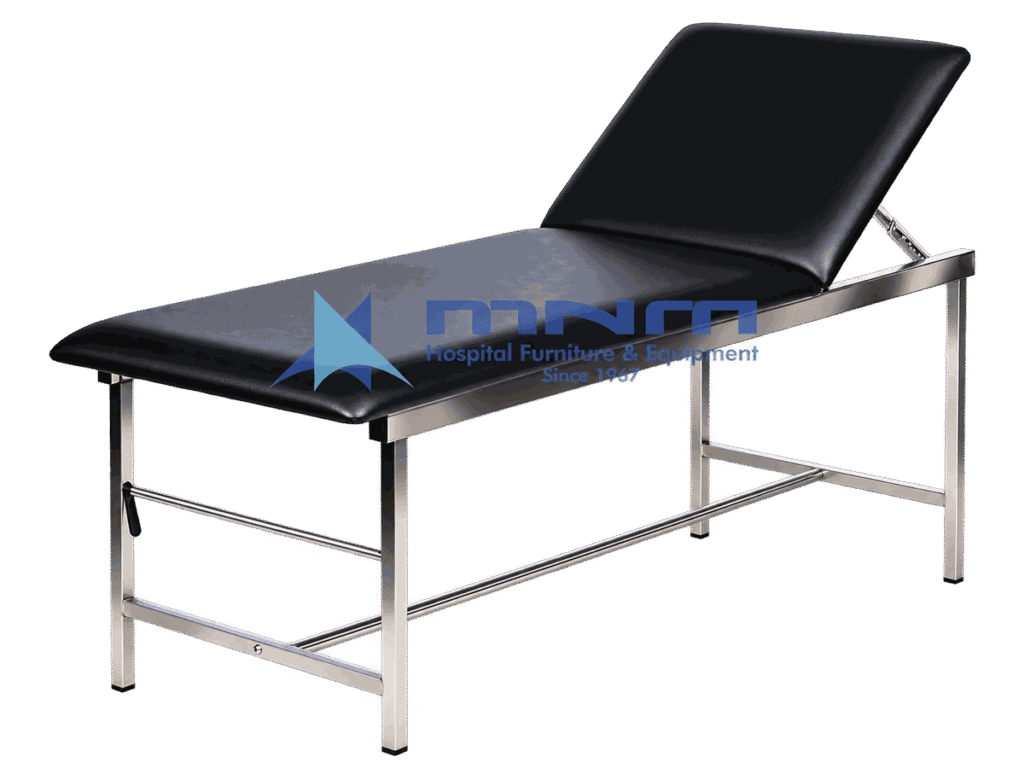 Examination couch with brushed stainless steel square tube frame, cross bracing and black upholstery with adjustable backrest