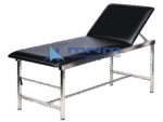Examination couch with brushed stainless steel square tube frame, cross bracing and black upholstery with adjustable backrest