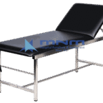 Examination couch with brushed stainless steel square tube frame, cross bracing and black upholstery with adjustable backrest