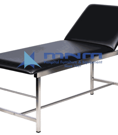 Examination couch with brushed stainless steel square tube frame, cross bracing and black upholstery with adjustable backrest