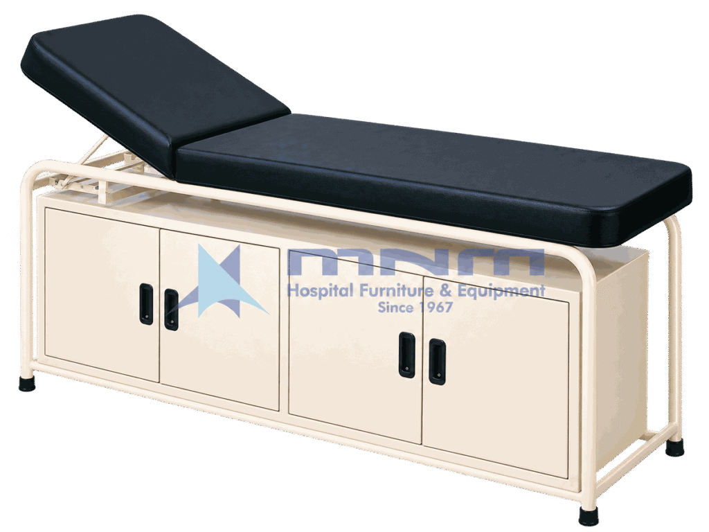 Examination table with cream tubular steel frame, black upholstery and a four door cabinet built in beneath the couch