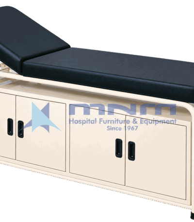 Examination table with cream tubular steel frame, black upholstery and a four door cabinet built in beneath the couch