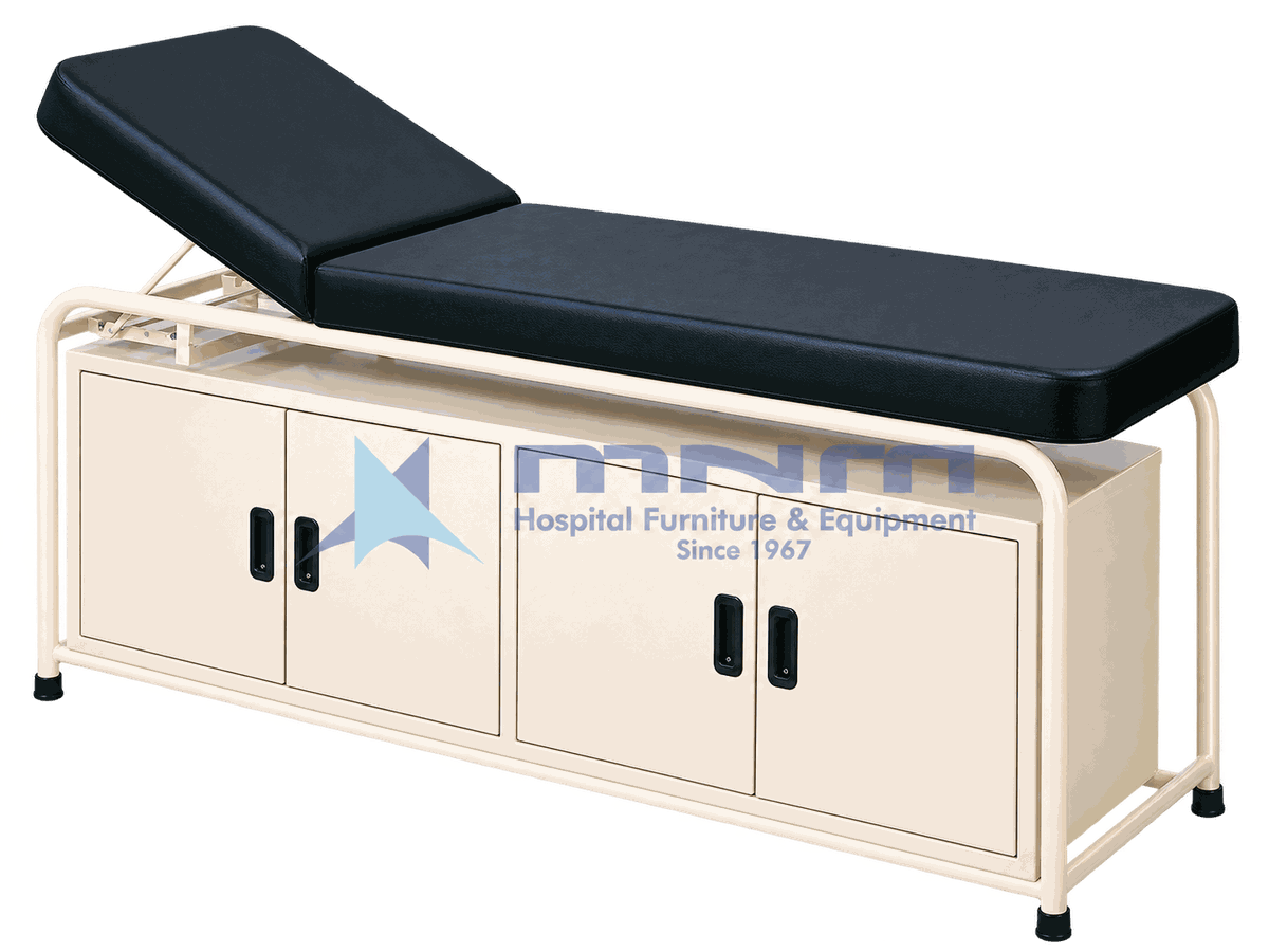 Examination Table with Four Door Cabinet Storage Examination table with cream tubular steel frame, black upholstery and a four door cabinet built in beneath the couch