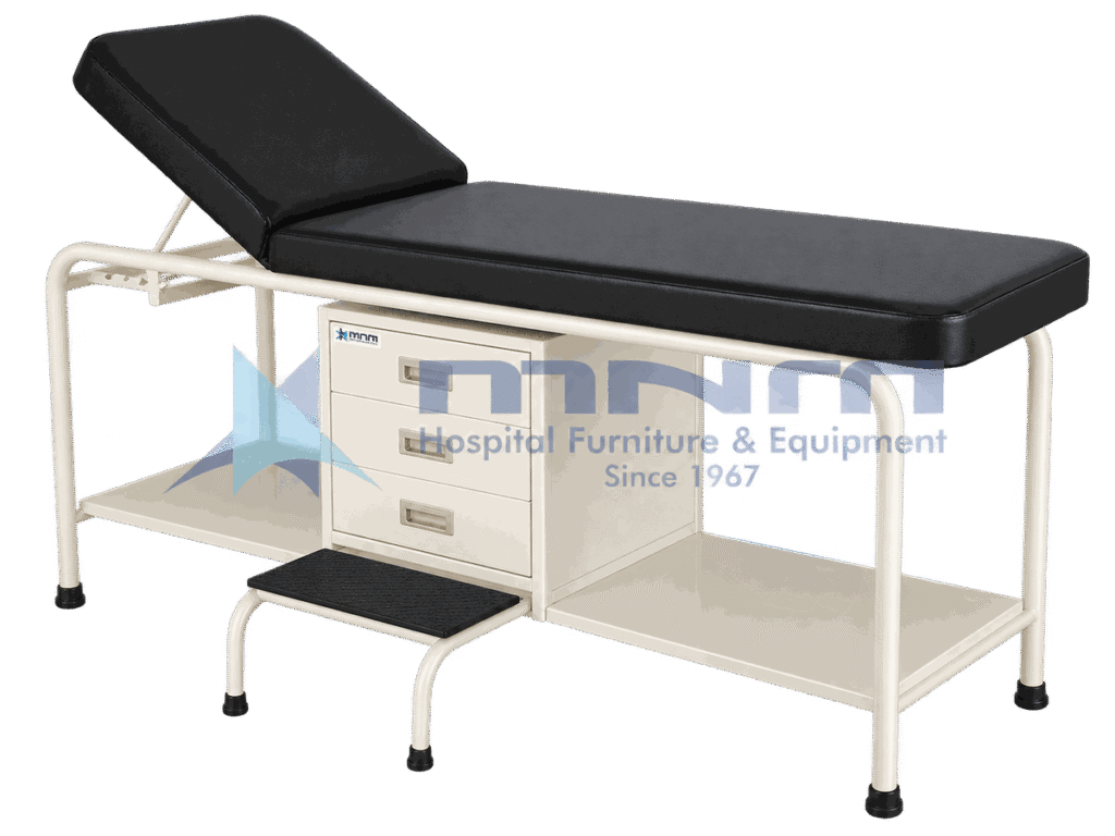 Examination table with cream tubular steel frame, black upholstery, three drawer unit and open shelf beneath, with a matching step stool