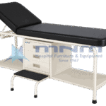 Examination table with cream tubular steel frame, black upholstery, three drawer unit and open shelf beneath, with a matching step stool
