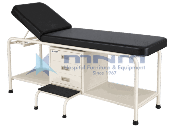 Examination table with cream tubular steel frame, black upholstery, three drawer unit and open shelf beneath, with a matching step stool