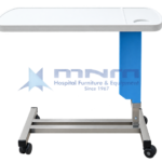 Hospital overbed table with a white ABS top and built-in cup holder, blue column cover and a stainless steel H-shaped base on four castors