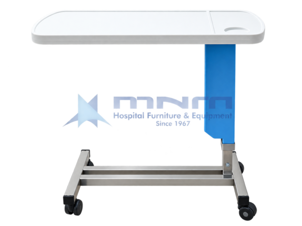Hospital overbed table with a white ABS top and built-in cup holder, blue column cover and a stainless steel H-shaped base on four castors