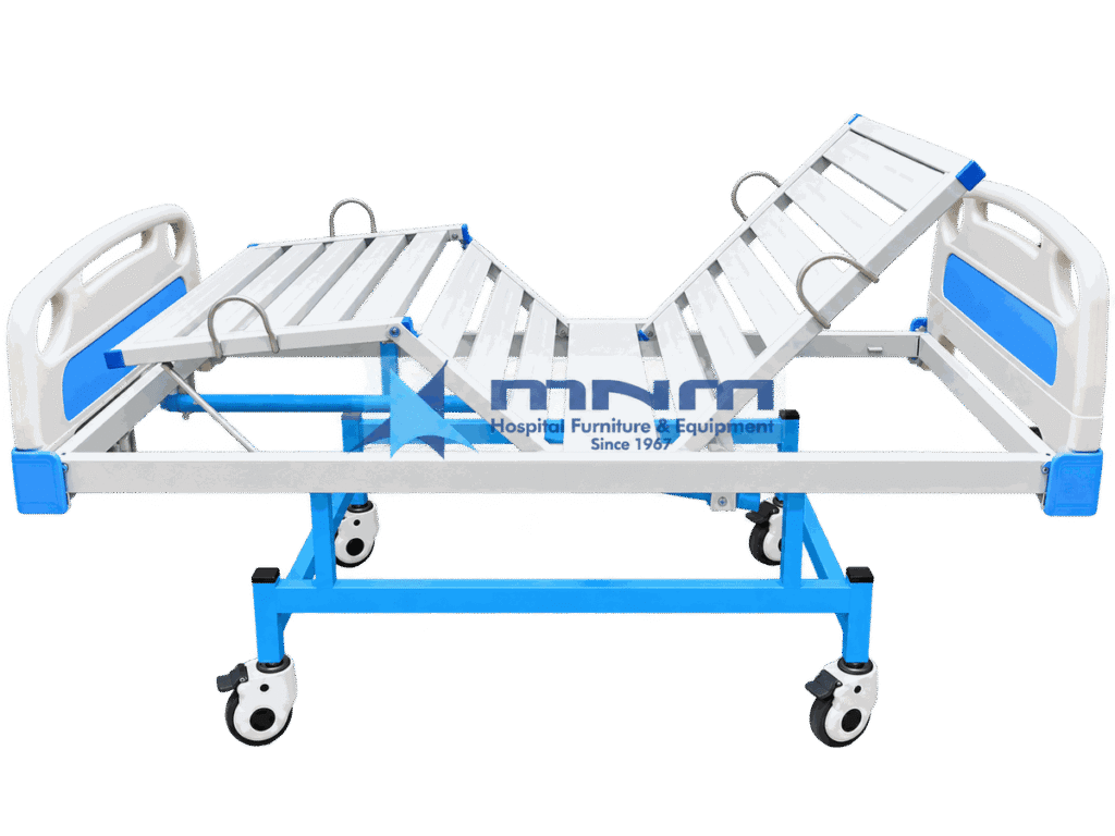 Fowler bed 2 function manual crank hospital bed MNM-FB-01 side view with backrest and knee section raised on moulded ABS head and foot boards