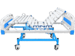 Fowler bed 2 function manual crank hospital bed MNM-FB-01 side view with backrest and knee section raised on moulded ABS head and foot boards