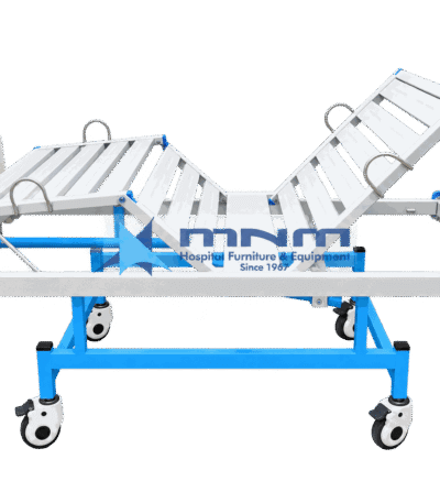 Fowler bed 2 function manual crank hospital bed MNM-FB-01 side view with backrest and knee section raised on moulded ABS head and foot boards