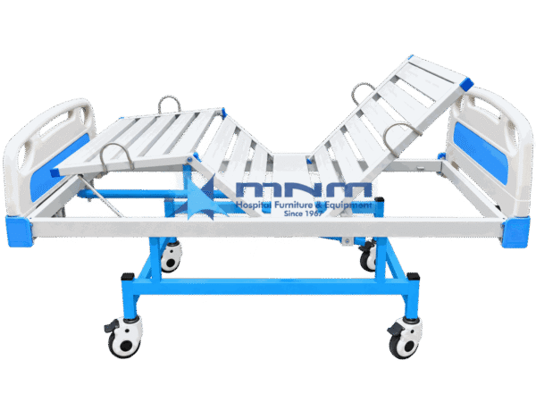 Fowler bed 2 function manual crank hospital bed MNM-FB-01 side view with backrest and knee section raised on moulded ABS head and foot boards