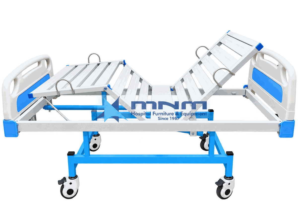 Fowler Bed 2 Function Manual Crank Hospital Bed MNM-FB-01 Fowler bed 2 function manual crank hospital bed MNM-FB-01 side view with backrest and knee section raised on moulded ABS head and foot boards