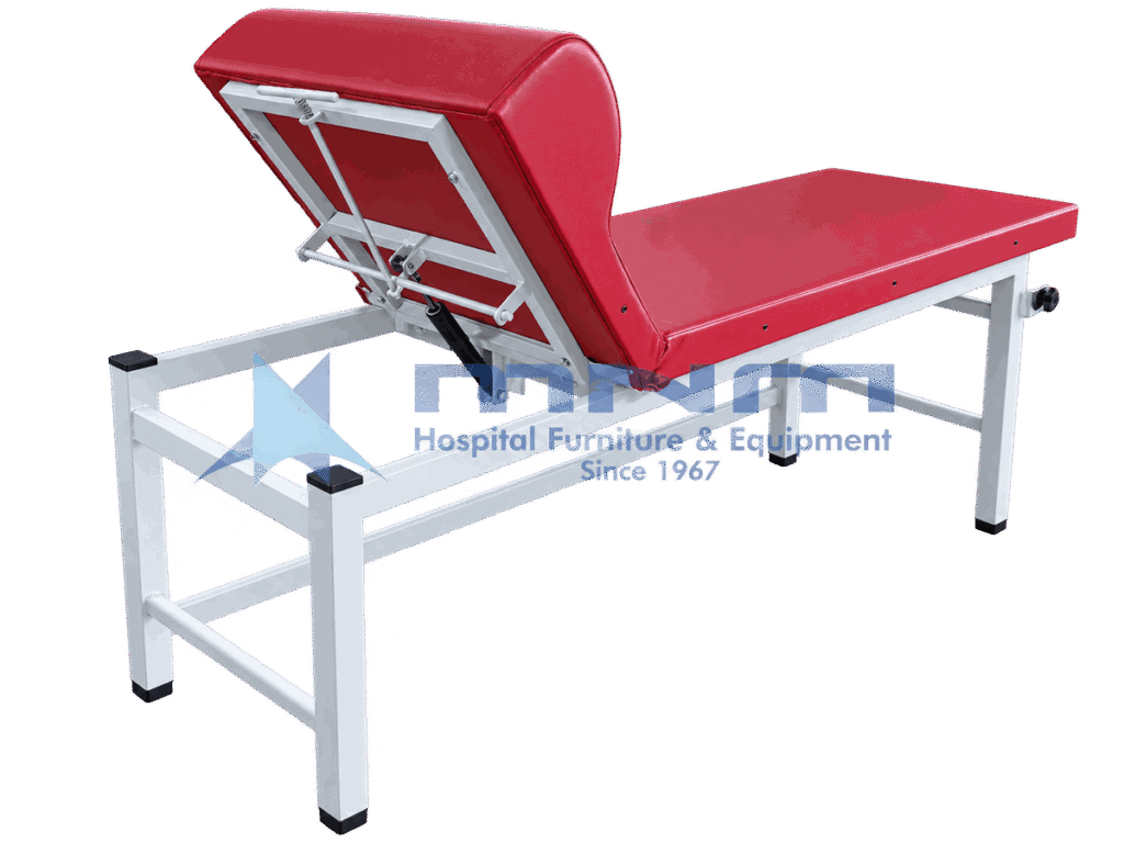 Heavy duty examination couch with white square pipe steel frame, 3 inch red upholstery and the backrest raised on its support linkage