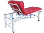 Heavy duty examination couch with white square pipe steel frame, 3 inch red upholstery and the backrest raised on its support linkage