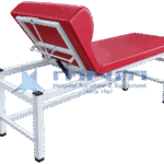 Heavy duty examination couch with white square pipe steel frame, 3 inch red upholstery and the backrest raised on its support linkage