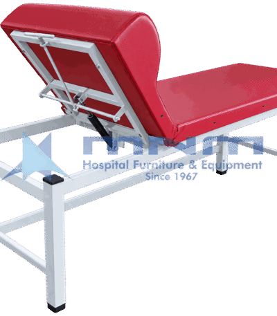 Heavy duty examination couch with white square pipe steel frame, 3 inch red upholstery and the backrest raised on its support linkage