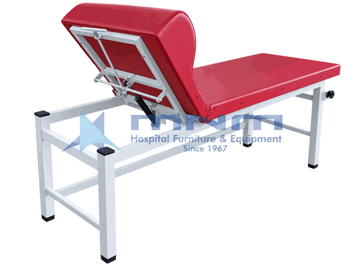 Heavy Duty Examination Couch Square Pipe Frame with 3 Inch Upholstery Heavy duty examination couch with white square pipe steel frame, 3 inch red upholstery and the backrest raised on its support linkage