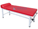 Heavy duty square pipe examination couch with 3 inch red upholstery, shaped head bolster and the backrest lowered flat