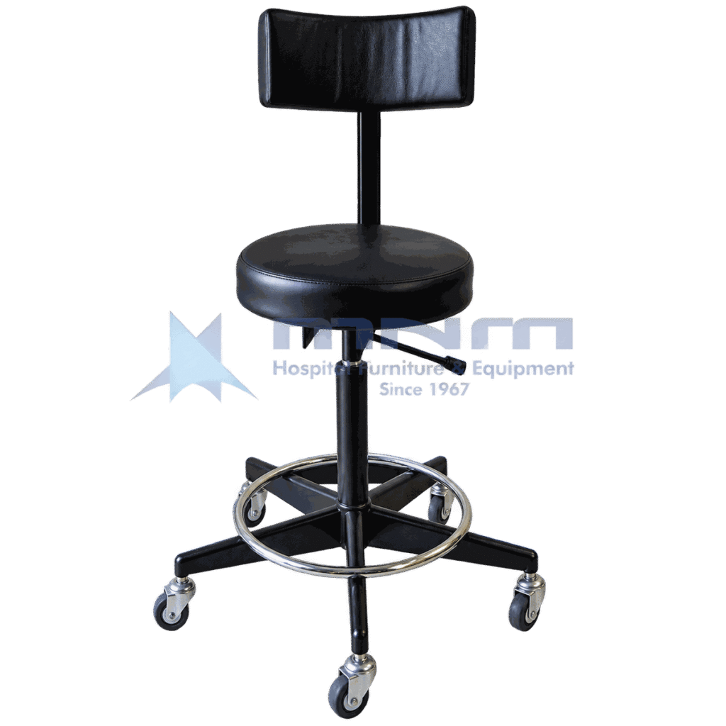 Height adjustable medical stool with black upholstered seat, padded backrest on a post, chrome footring and a black four spoke castor base