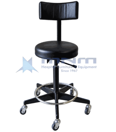 Height adjustable medical stool with black upholstered seat, padded backrest on a post, chrome footring and a black four spoke castor base