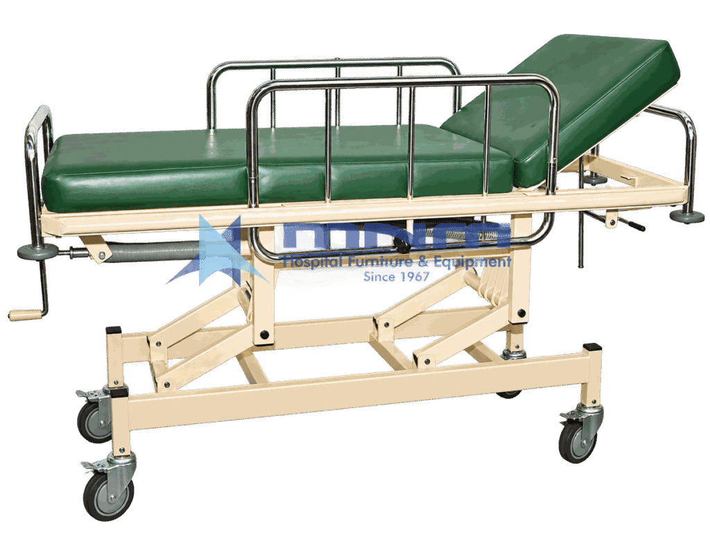 Height adjustable stretcher trolley in cream powder-coated steel with green mattress, raised backrest, chrome side rails and a hand crank at the head end