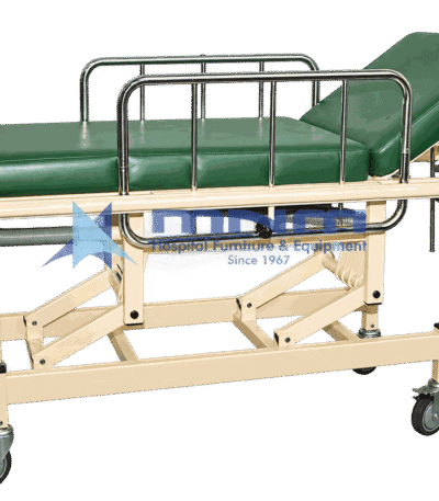 Height adjustable stretcher trolley in cream powder-coated steel with green mattress, raised backrest, chrome side rails and a hand crank at the head end