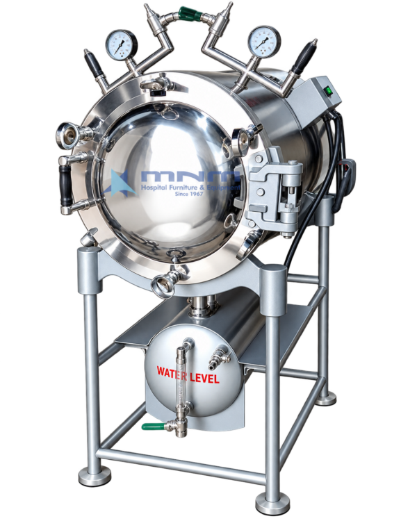 Horizontal double chamber autoclave in stainless steel with front-loading hinged door, jacket and chamber pressure gauges, safety valves, steam transfer pipe, steam generator tank with water level gauge and tubular stand