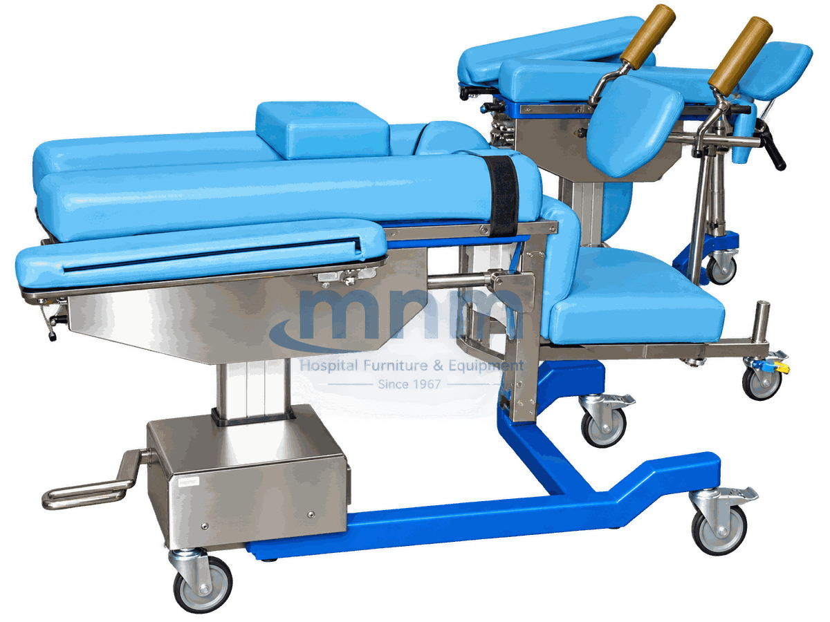 Hydraulic Delivery Bed with Leg Supports and Detachable Foot Section Hydraulic delivery bed with light blue upholstery, padded knee crutch leg supports, detachable foot section on its own castors and a blue powder-coated base