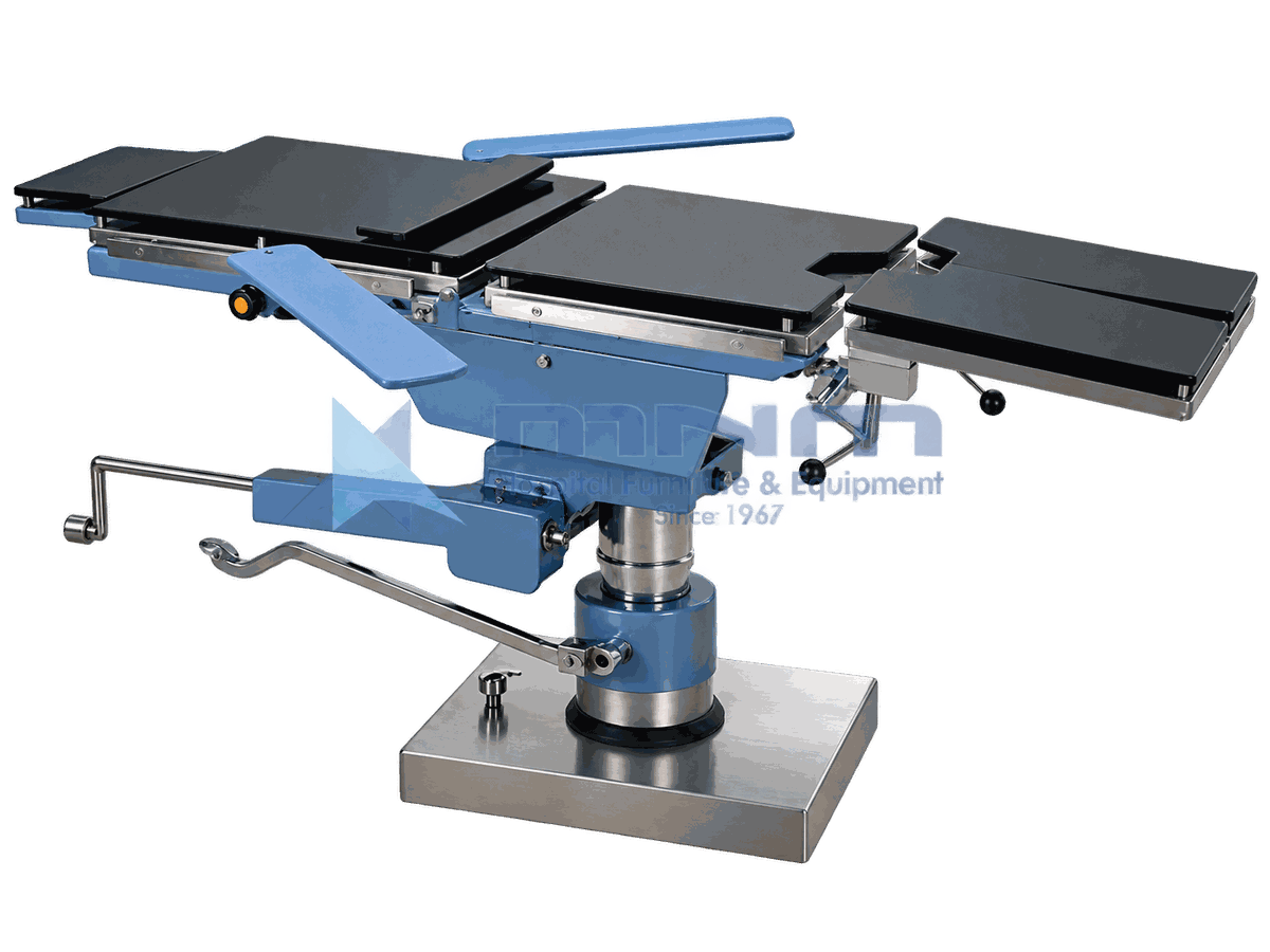 Hydraulic Operating Table Flat with Extensions Fitted Hydraulic operating table in the flat position with head and leg extensions fitted and an arm board to one side