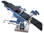 Hydraulic operating table tilted into steep Trendelenburg with split leg sections lowered and stirrups fitted, blue casing on a stainless base
