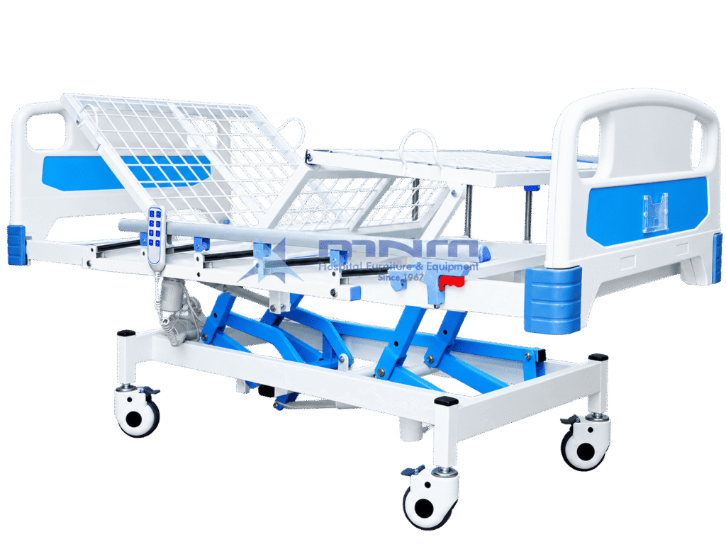 Electric 3 function hospital bed with white wire mesh platform, blue scissor lift mechanism, aluminium side rails and handheld remote control