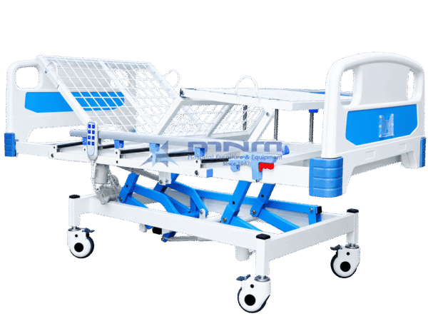 Electric 3 function hospital bed with white wire mesh platform, blue scissor lift mechanism, aluminium side rails and handheld remote control
