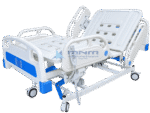Electric 5 function ICU bed with white ABS head and foot boards, four ABS side rails, backrest raised and a handheld remote control on the side rail