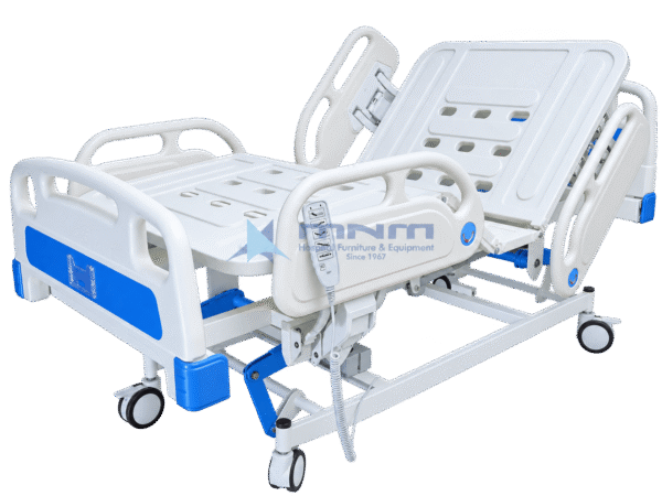 Electric 5 function ICU bed with white ABS head and foot boards, four ABS side rails, backrest raised and a handheld remote control on the side rail