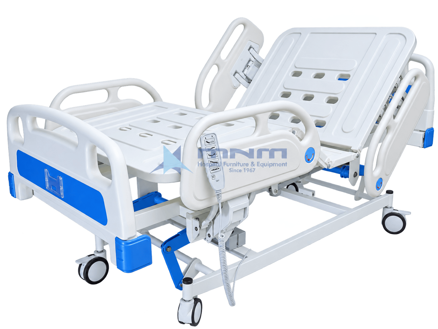 ICU Bed Electric 5 Function with ABS Side Rails, Backrest Raised Electric 5 function ICU bed with white ABS head and foot boards, four ABS side rails, backrest raised and a handheld remote control on the side rail