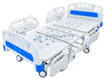 Electric 5 function ICU bed lying flat, showing the four section perforated ABS platform, split side rails and blue corner bumpers