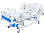 Electric 5 function ICU bed with backrest raised, showing the handheld remote control, actuator motor and steel base frame