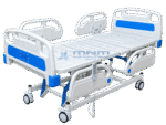 Side view of the electric 5 function motorized ICU bed with flat platform, ABS side rails, handheld remote control and steel base frame on castors