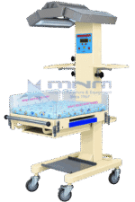 Infant resuscitation warmer showing the clear acrylic side walls with printed measuring scale and the blue X-ray cassette drawer beneath the mattress platform