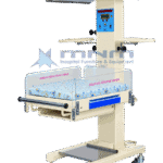 Infant resuscitation warmer with overhead radiant heater head, digital control panel with display and alarm indicators, clear acrylic side walls, twin side trays and castor base