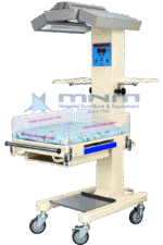 Infant resuscitation warmer from the side showing the tilt lever on the bassinet platform and the lower equipment shelf above the castor base