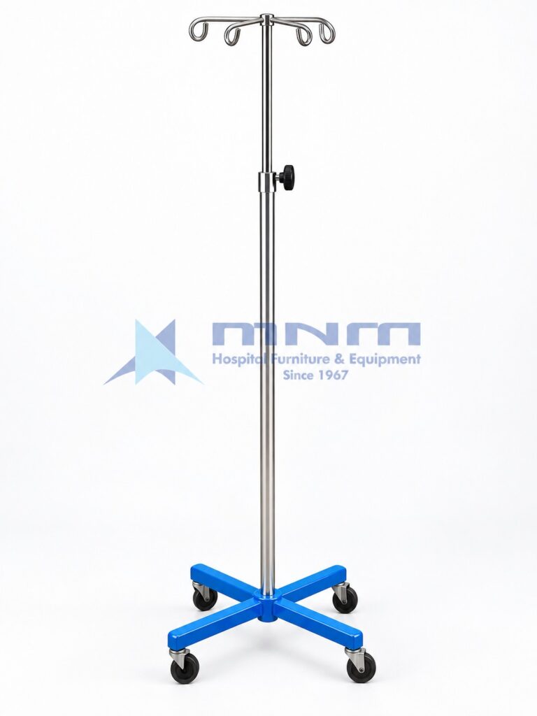 Infusion Stand Stainless Steel IV Pole MNM-WF-9725 - stainless steel telescopic pole, four hooks, blue powder-coated four-leg base