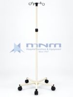 Economy IV stand with cream powder-coated pole and matching five-leg base, two hooks and black height-lock knob on castors