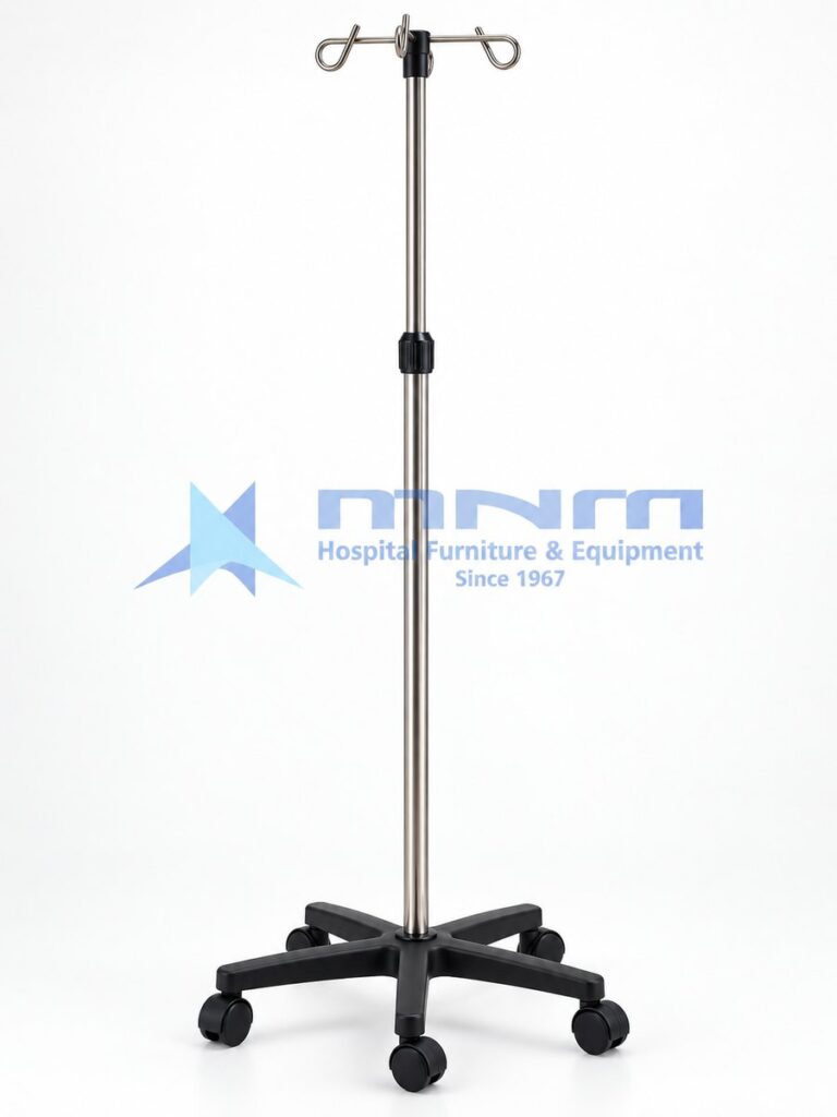 IV stand with stainless steel telescopic pole, two hooks and a black moulded nylon five-leg base on five castors
