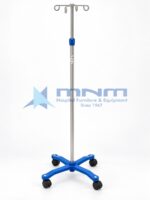 IV stand with stainless telescopic pole, four hooks, blue height-lock knob and a blue cast four-leg base on castors