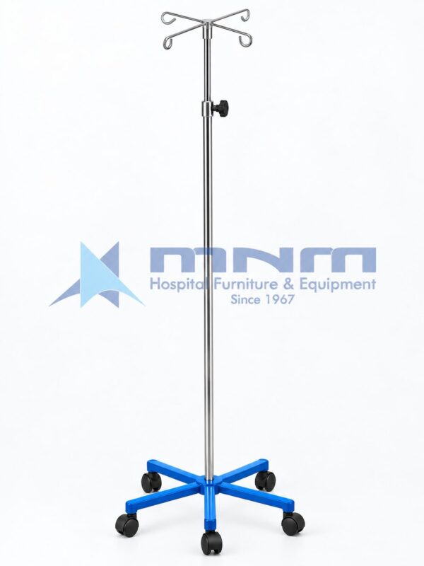 IV stand with stainless steel telescopic pole, four curved hooks and a blue powder-coated five-leg base on castors
