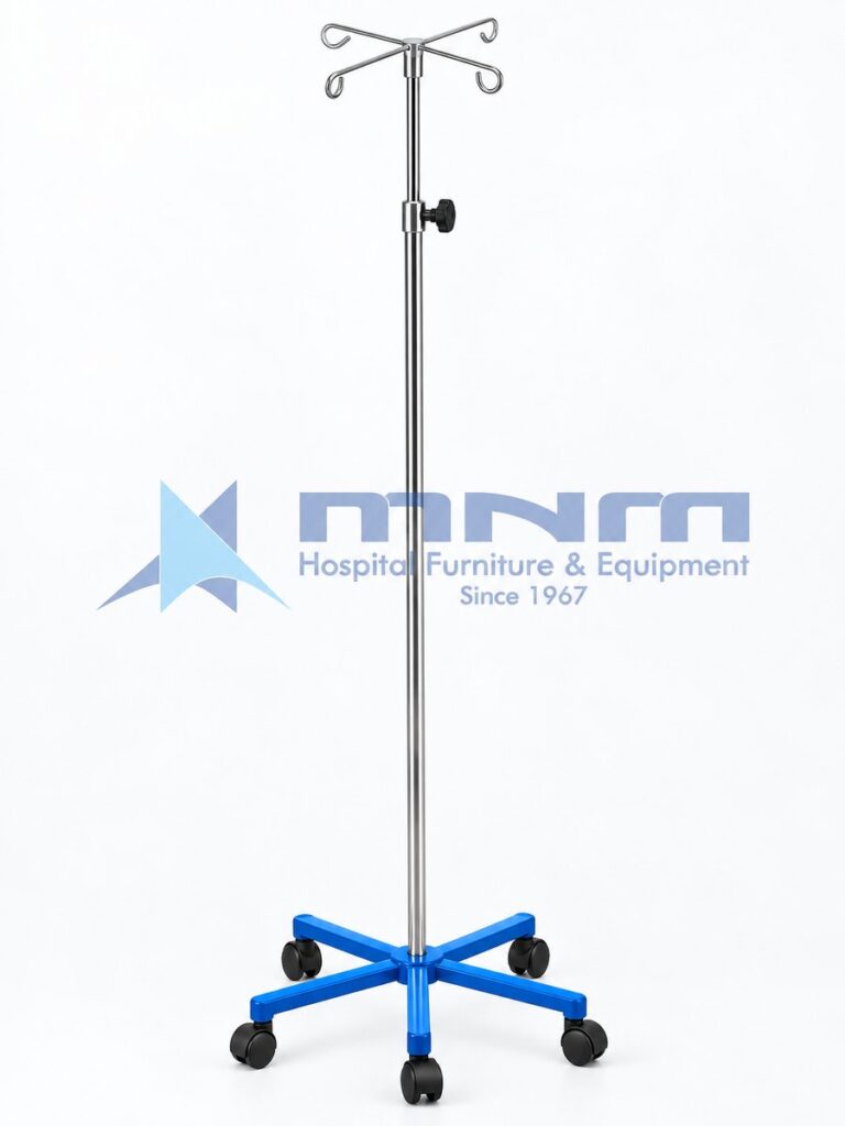 IV stand with stainless steel telescopic pole, four curved hooks and a blue powder-coated five-leg base on castors